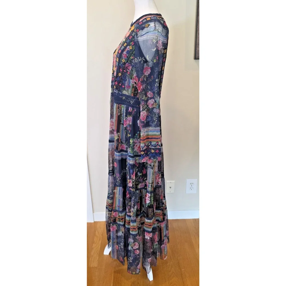 Biya Johnny Was Dayana Mesh Maxi Dress Embroidered Floral Patchwork Slip M Boho